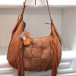 Gorgeous Delia nubuck leather studded fringe large hobo bag NWT